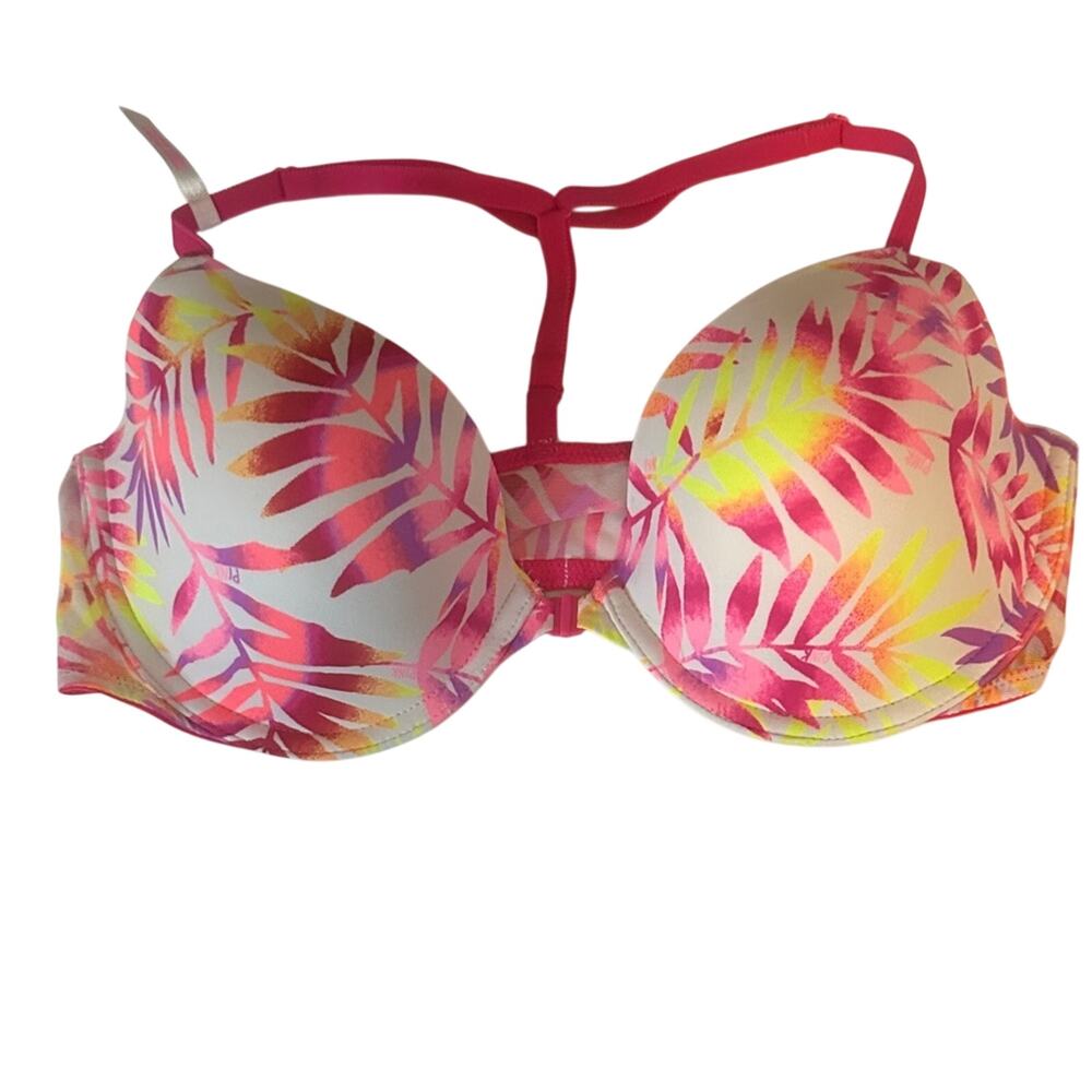 PINK Victoria's Secret Tropical Leaf Push-Up Bra - Hot Pink/Yellow/White 34C